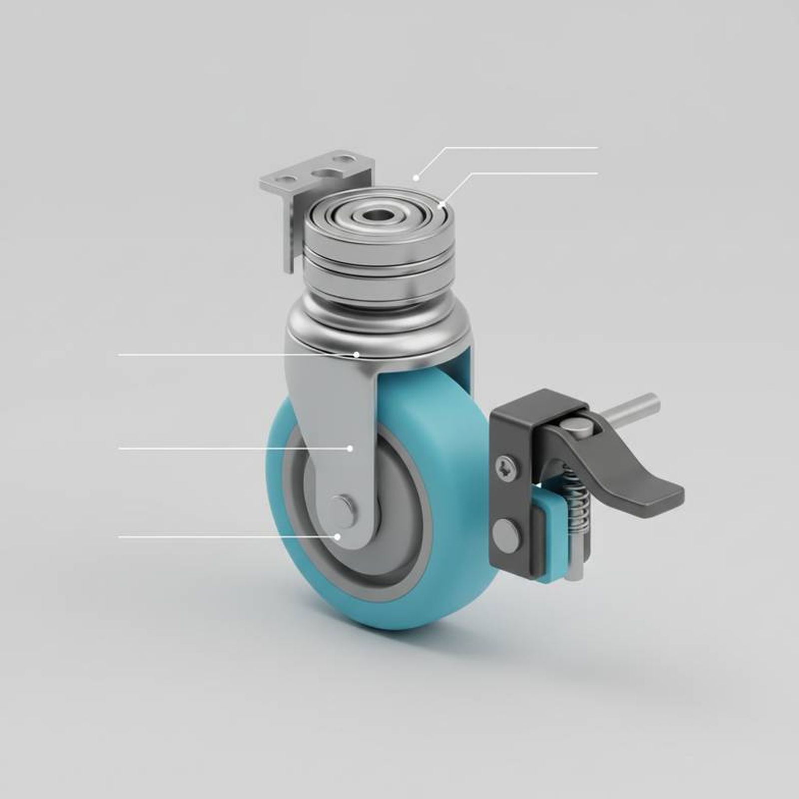 A technical drawing of a medical trolley caster with labels for material, bearing, and brake mechanism, illustrating key medical trolley caster specifications.
