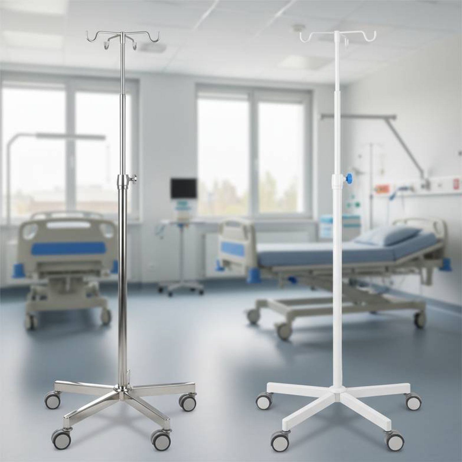 A side-by-side comparison of a stainless steel IV stand and a white powder-coated IV stand in a clean, well-lit hospital room setting.