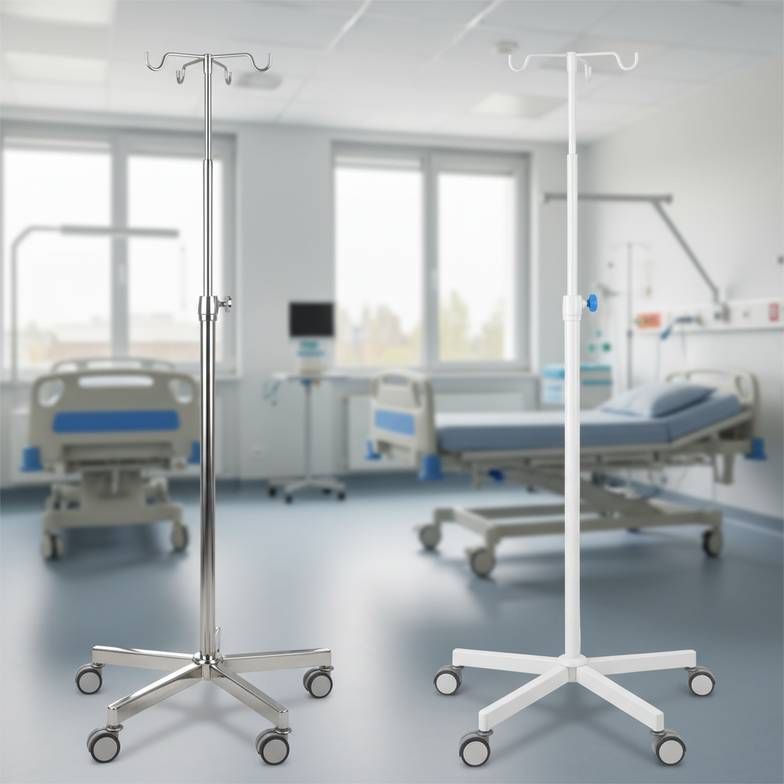 A side-by-side comparison of a stainless steel IV stand and a white powder-coated IV stand in a clean, well-lit hospital room setting.