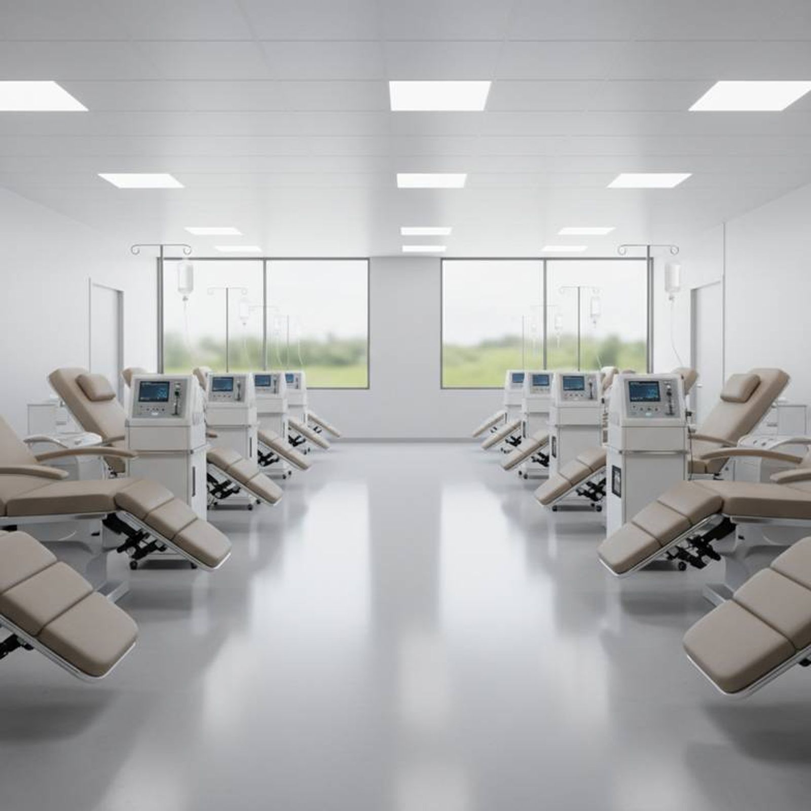 A modern and clean dialysis center with rows of patient chairs and medical equipment.