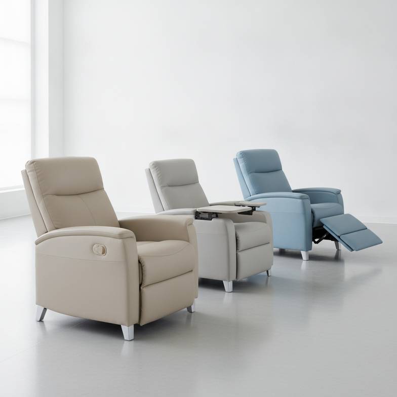 A collection of medical recliners for nursing homes in a well-lit room