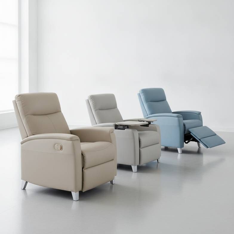 A collection of medical recliners for nursing homes in a well-lit room