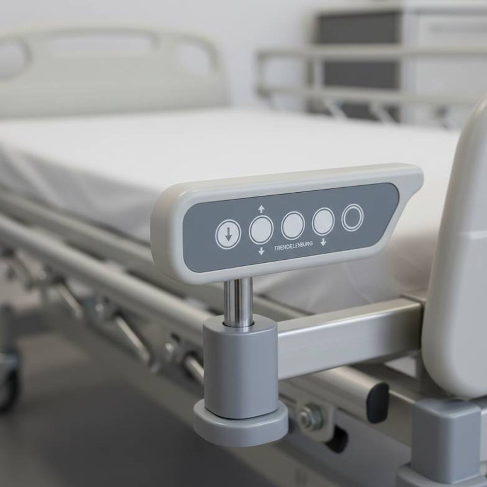 Close-up shot of an electric hospital bed's control panel and a side rail mechanism, emphasizing configuration details.