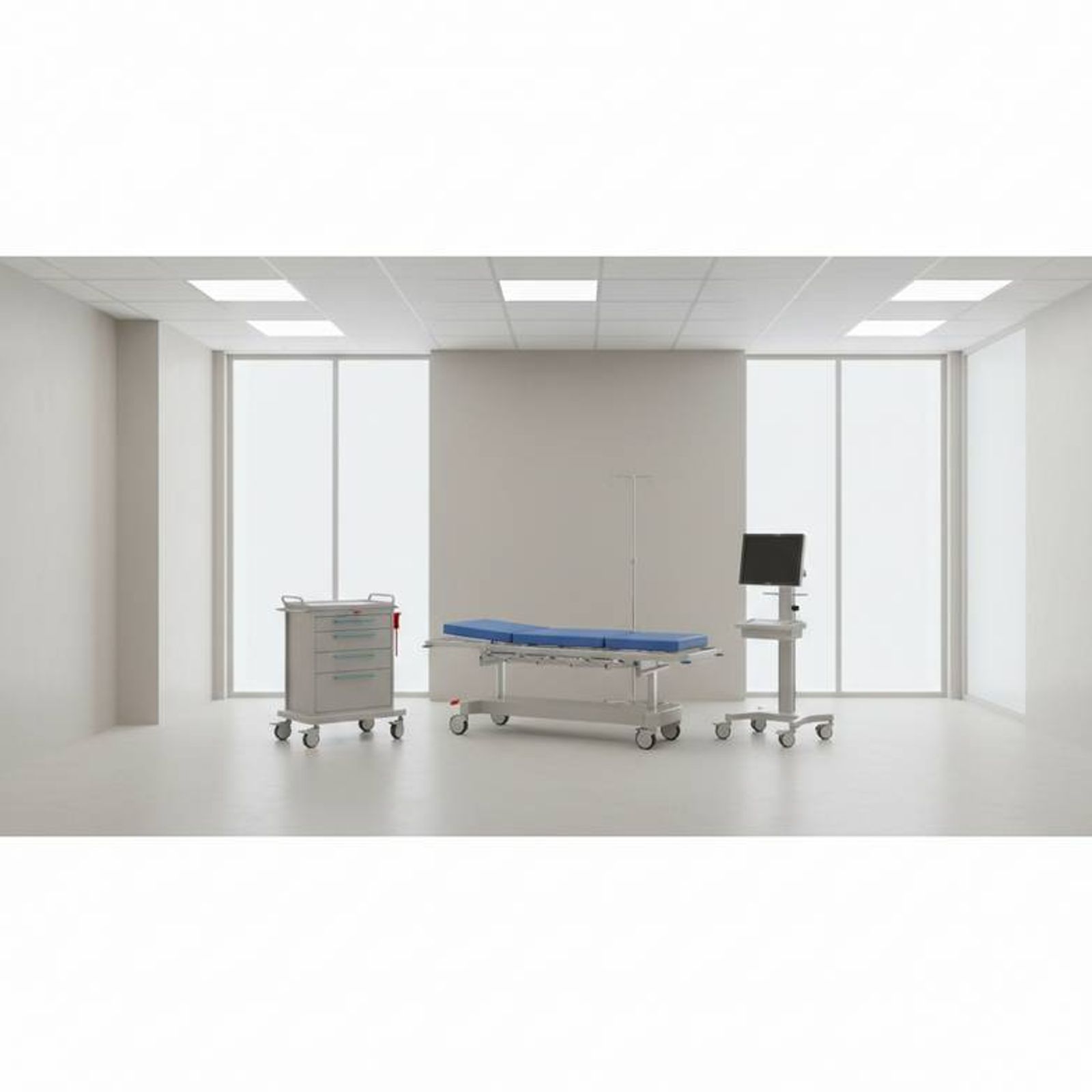 A well-organized resuscitation bay layout showing essential emergency resuscitation bay furniture