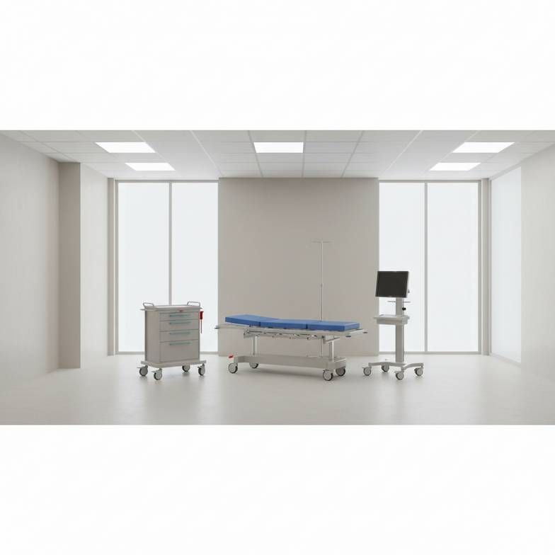 A well-organized resuscitation bay layout showing essential emergency resuscitation bay furniture