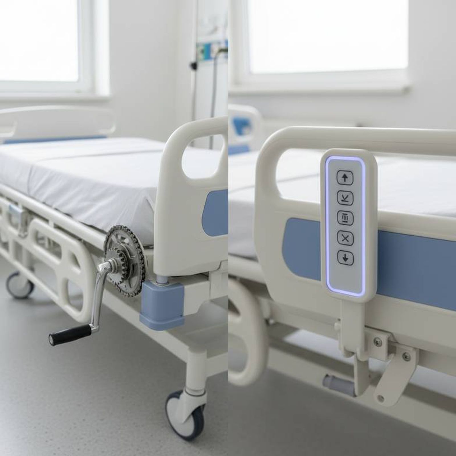 Close-up shot showing both a manual crank handle on one hospital bed and an electric control panel on another.