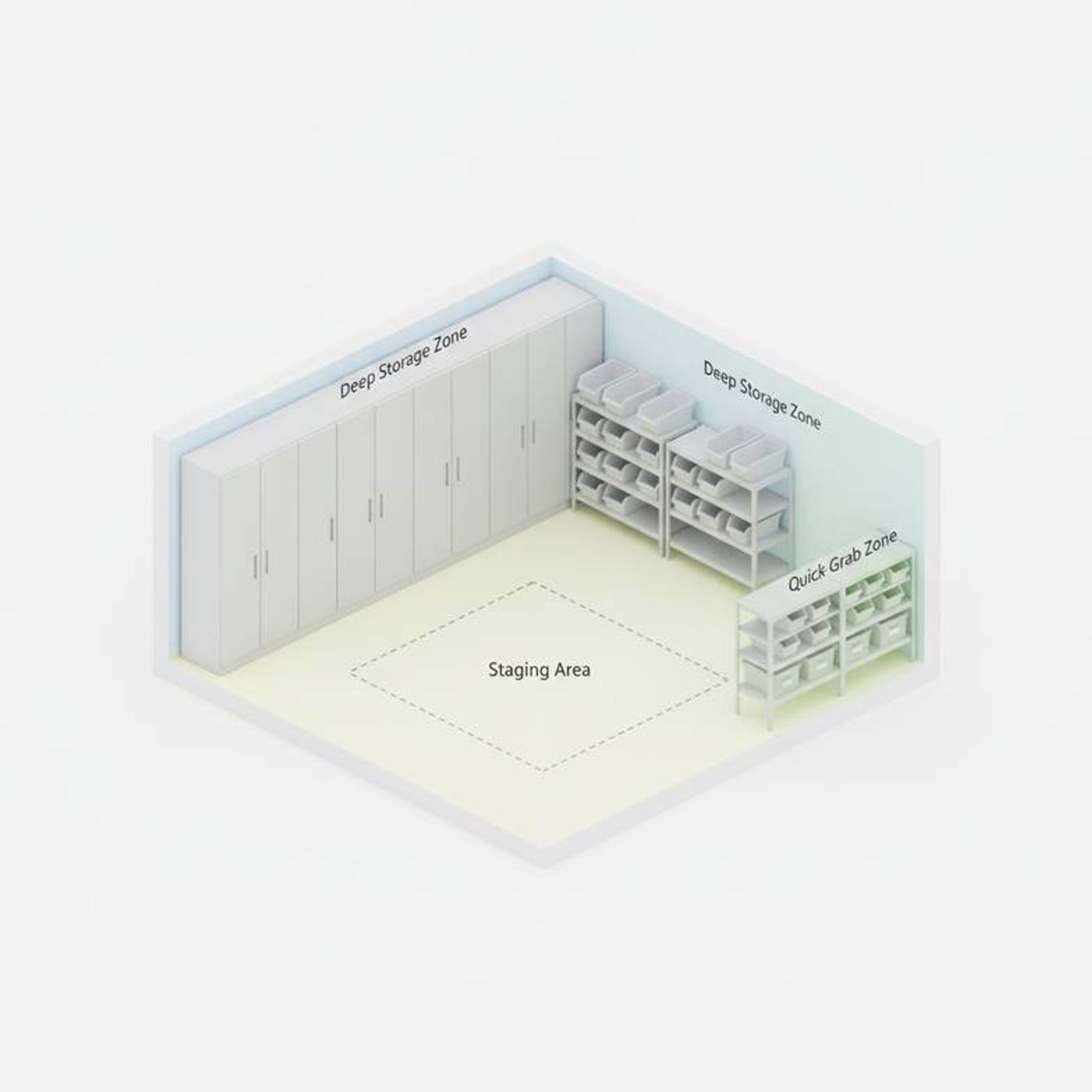 A diagram showing a zoned nursing station back room layout with high-density storage, quick-access shelves, and a cart staging area.