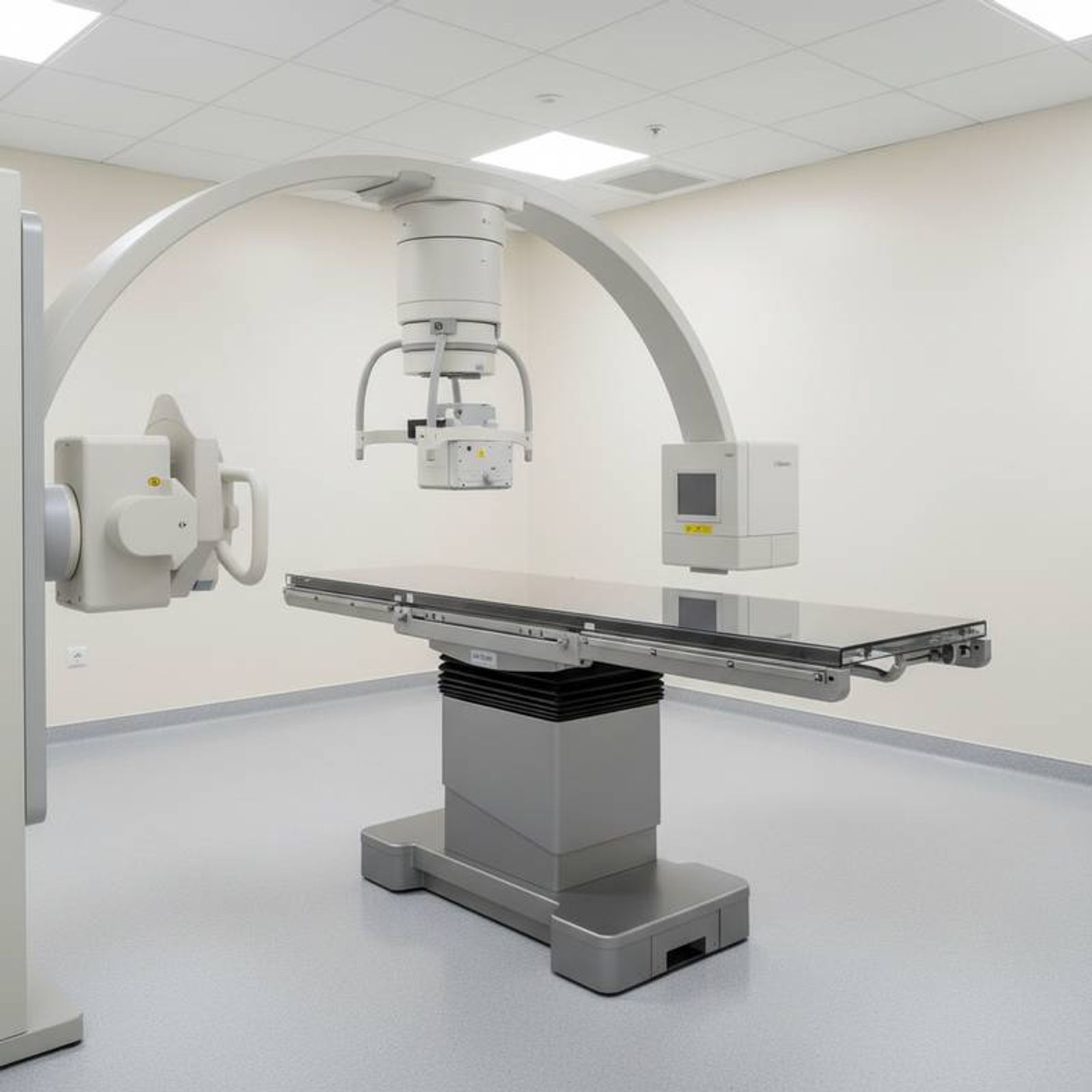 A radiolucent imaging stretcher under a C-arm machine