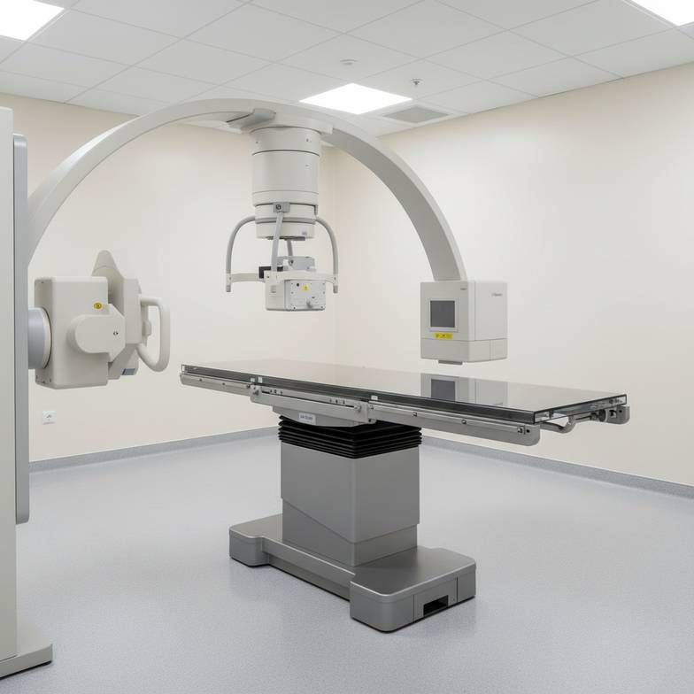 A radiolucent imaging stretcher under a C-arm machine