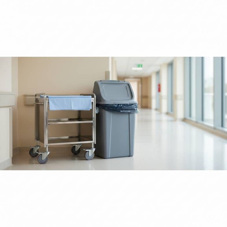 A clean, modern hospital corridor with a linen trolley and a waste trolley side-by-side, showing the different designs for different logistics tasks.