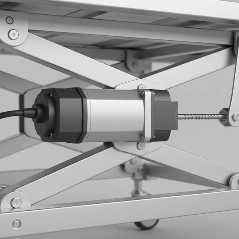 A close-up of an electric motor actuator on a Trendelenburg hospital bed frame.