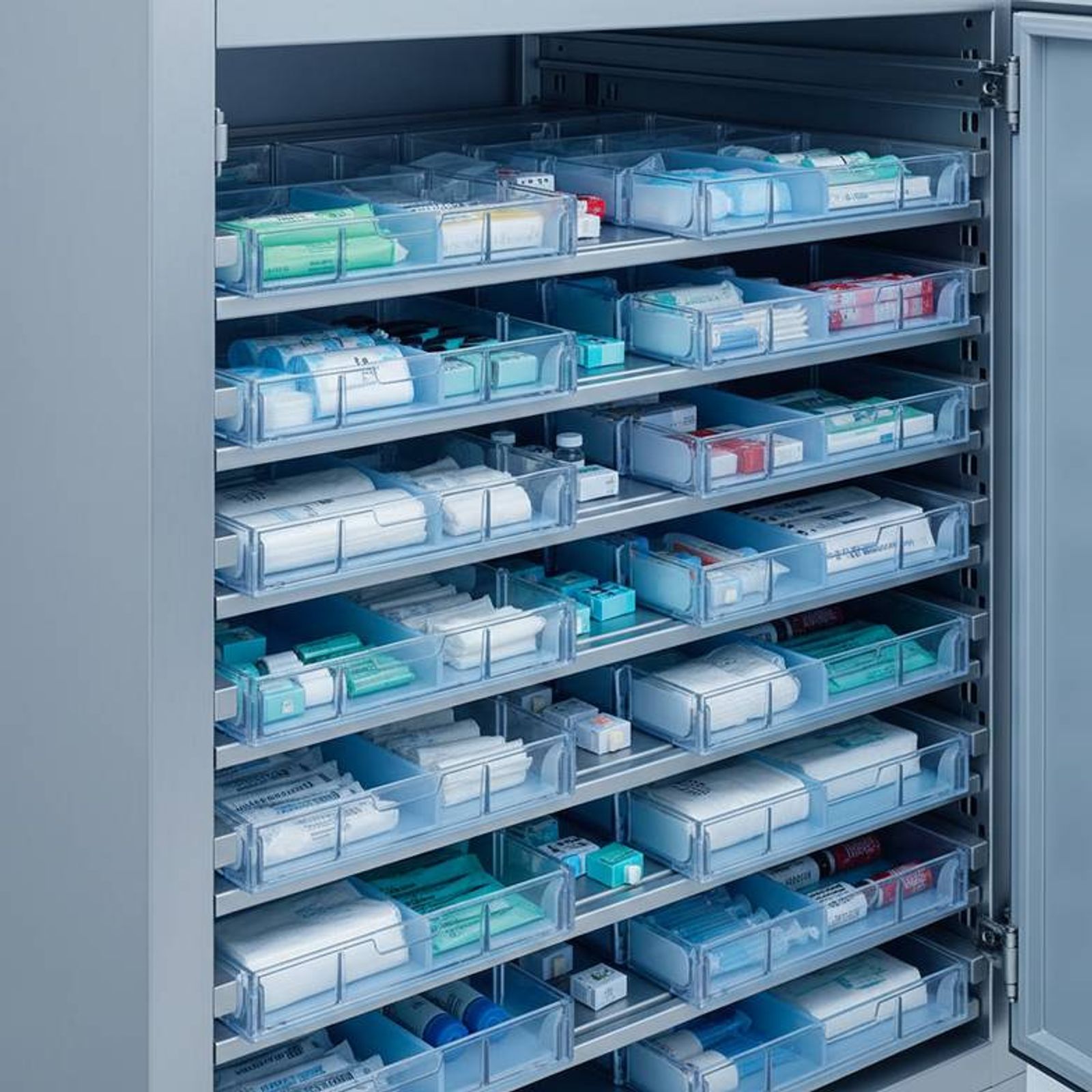 ISO modular trays in a hospital storage cabinet, demonstrating efficient organization
