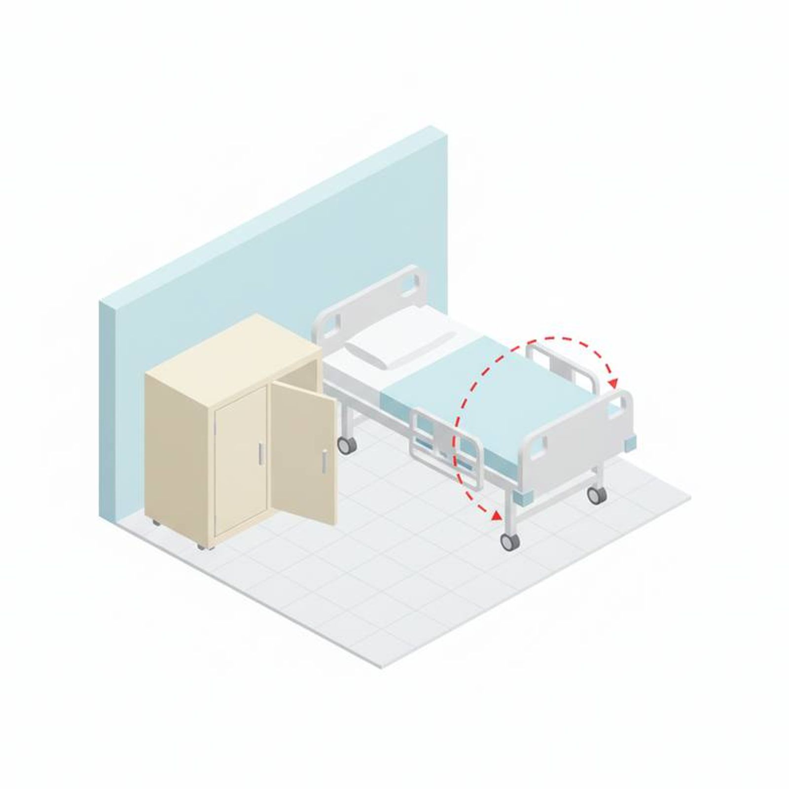 Diagram showing how a ward cabinet door can block access or hit a hospital bed if not planned correctly