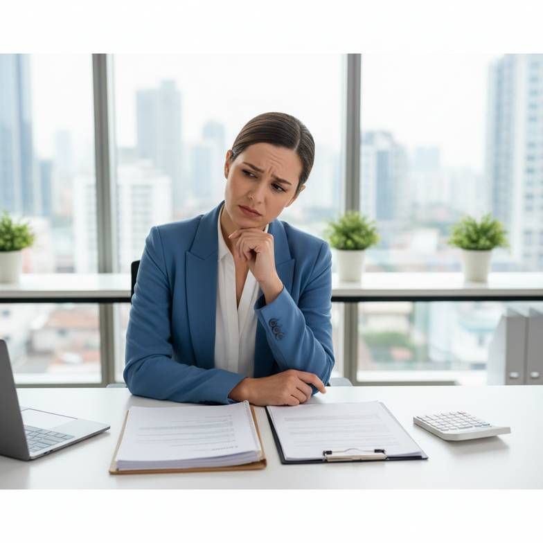 Procurement manager at a desk looking at two different hospital furniture quotations with a confused expression, highlighting the price disparity.