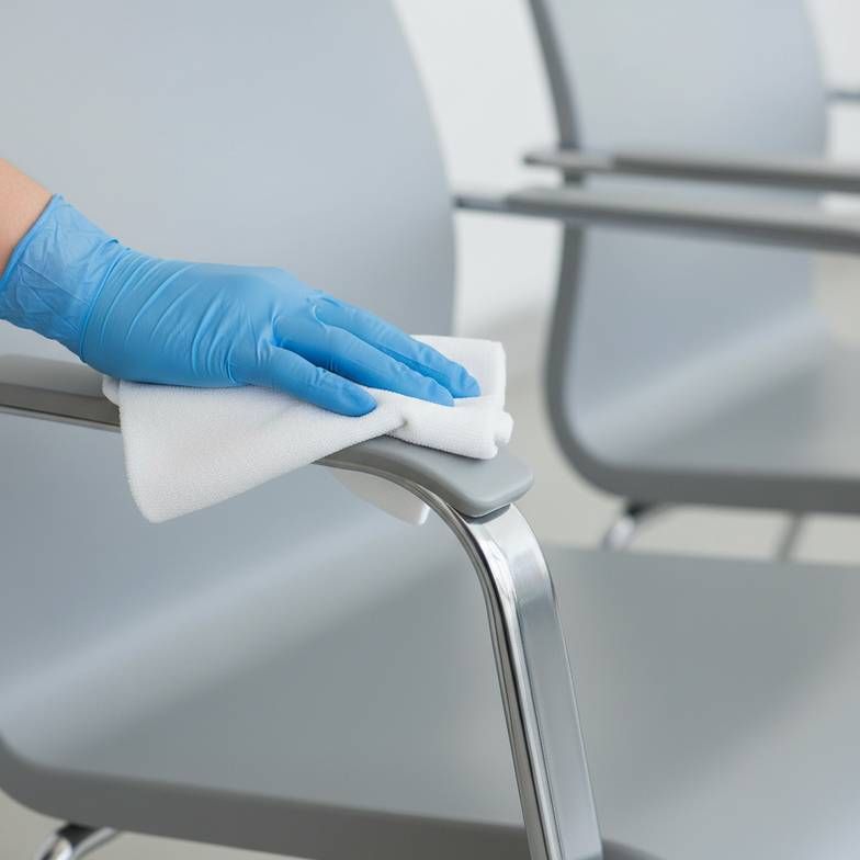 A maintenance worker inspecting and cleaning a row of hospital waiting chairs.