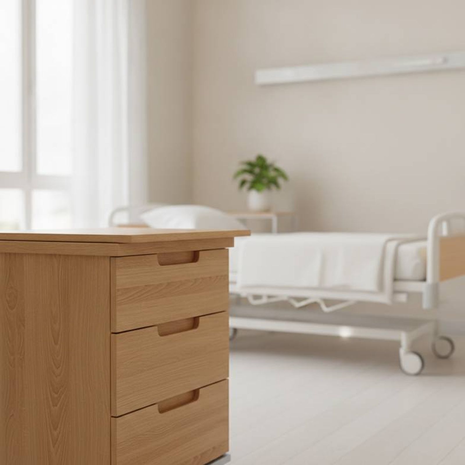 An elegant wood-look HPL hospital bedside cabinet in a private patient room, creating a warm and comfortable atmosphere