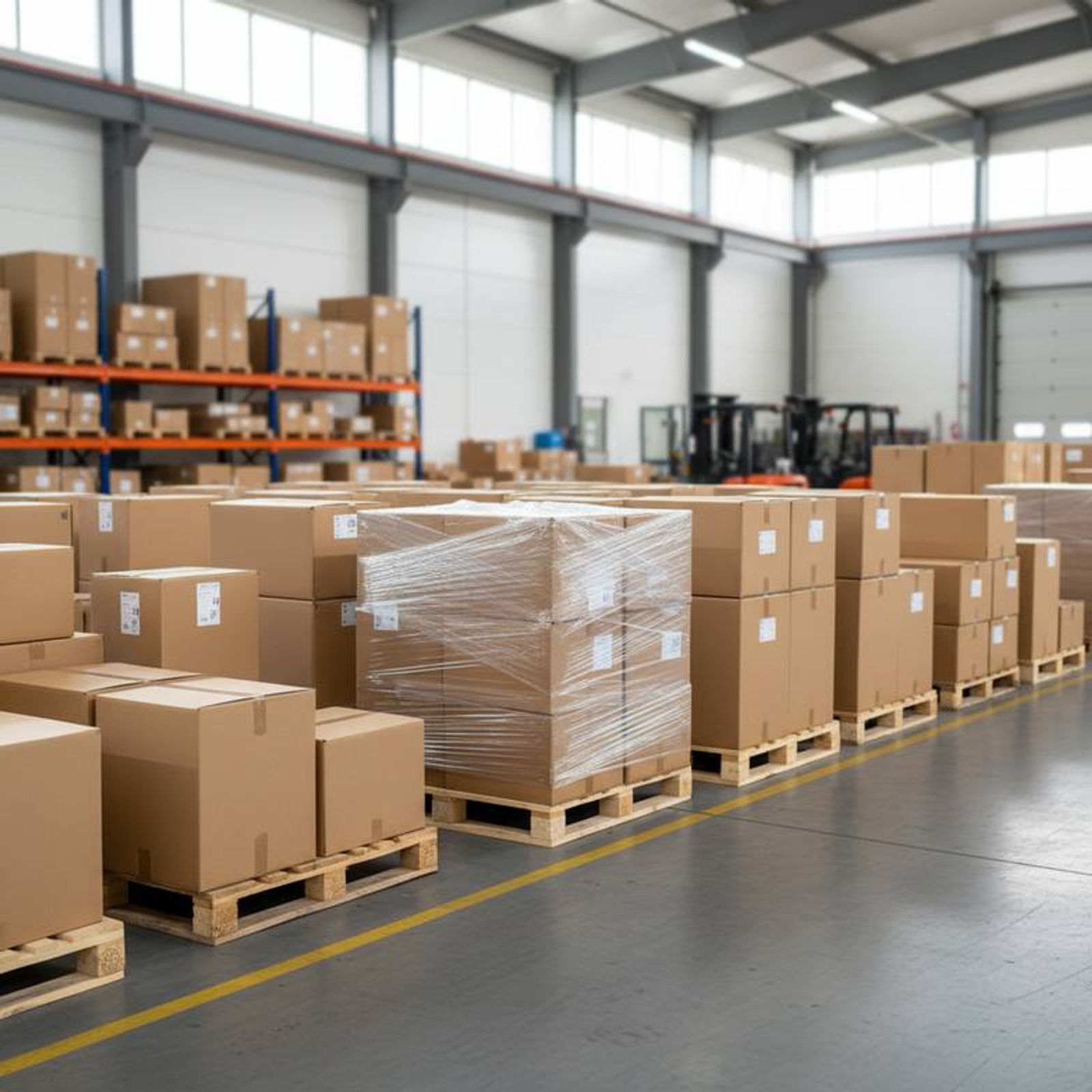 A warehouse scene showing neatly stacked and labeled export cartons of medical furniture, some on a pallet, ready for container loading.