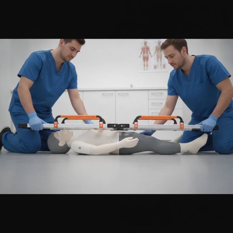 Medical staff demonstrating how a scoop stretcher separates into two halves to slide under a patient on the floor.