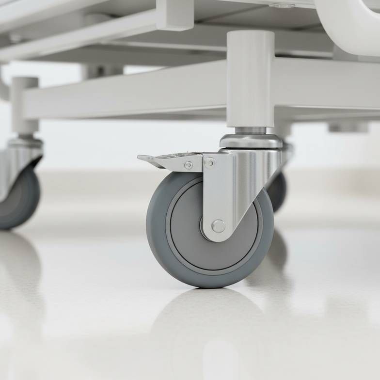 Close-up of a high-quality caster on a hospital bed from a patient room furniture package.