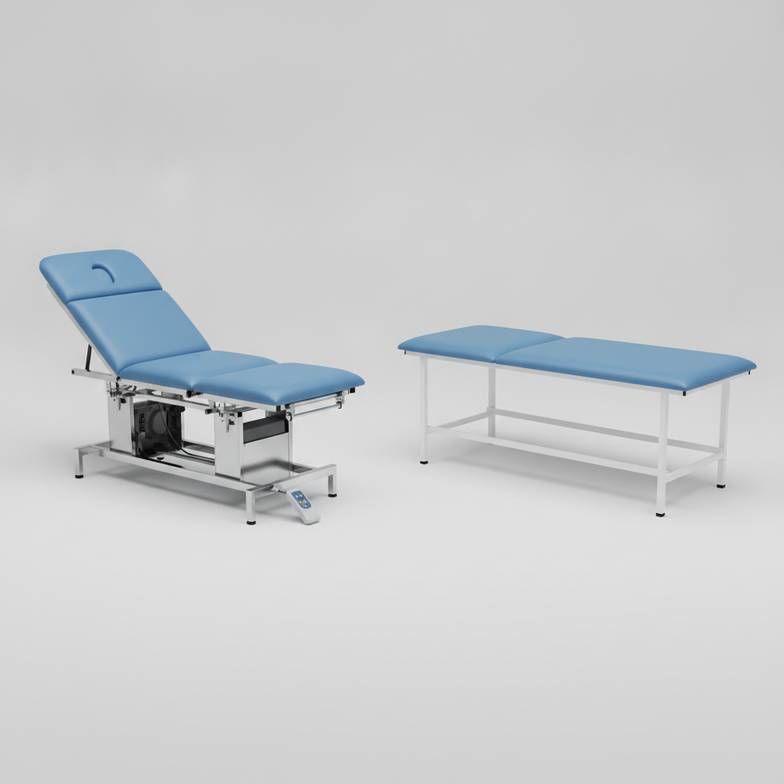 Side-by-side comparison of an electric power medical exam table and a simple manual examination couch
