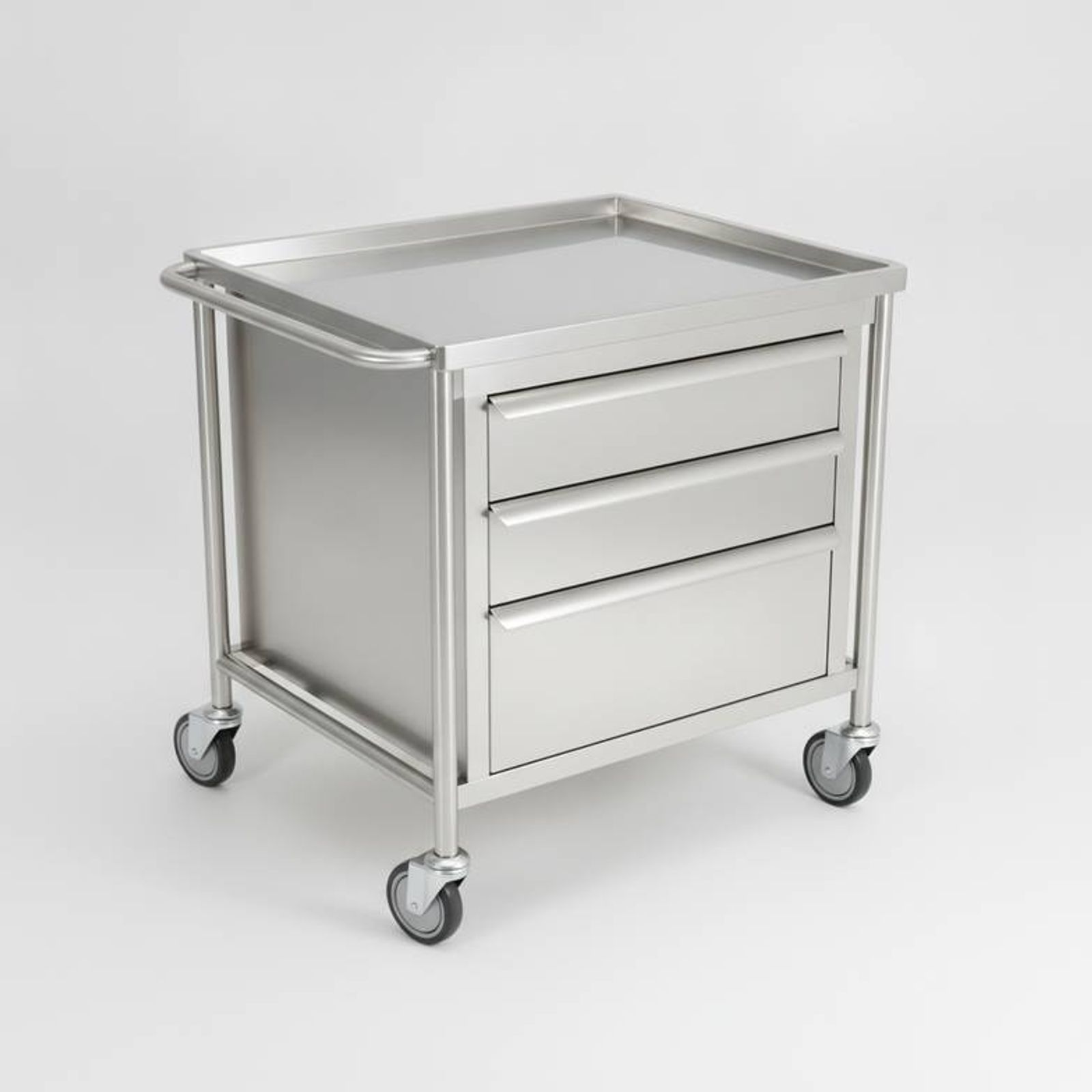 A shiny 304-grade stainless steel medical cart in a sterile clinical environment