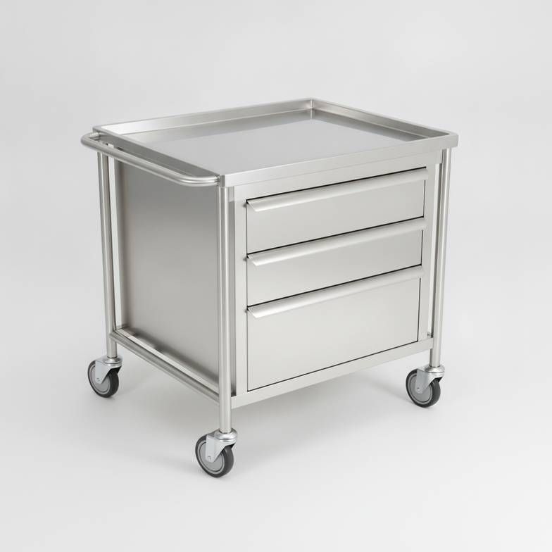 A shiny 304-grade stainless steel medical cart in a sterile clinical environment
