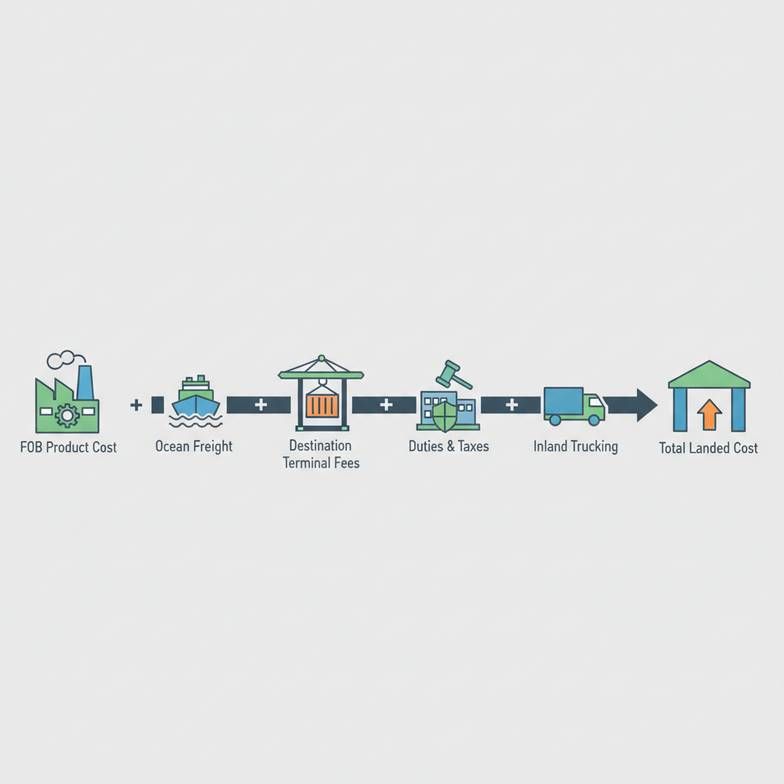 A clear graphic showing the components of a final landed cost for imported goods