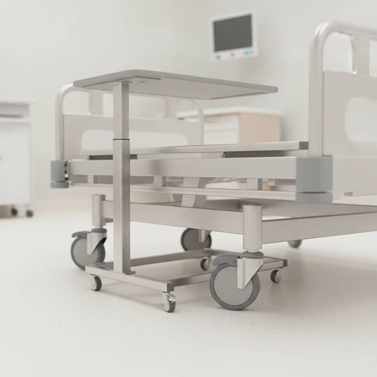 A close-up view showing the hospital bed under-bed clearance and the legs of an overbed table.