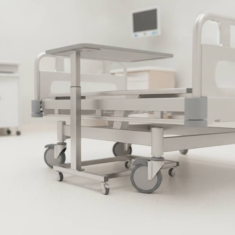 A close-up view showing the hospital bed under-bed clearance and the legs of an overbed table.