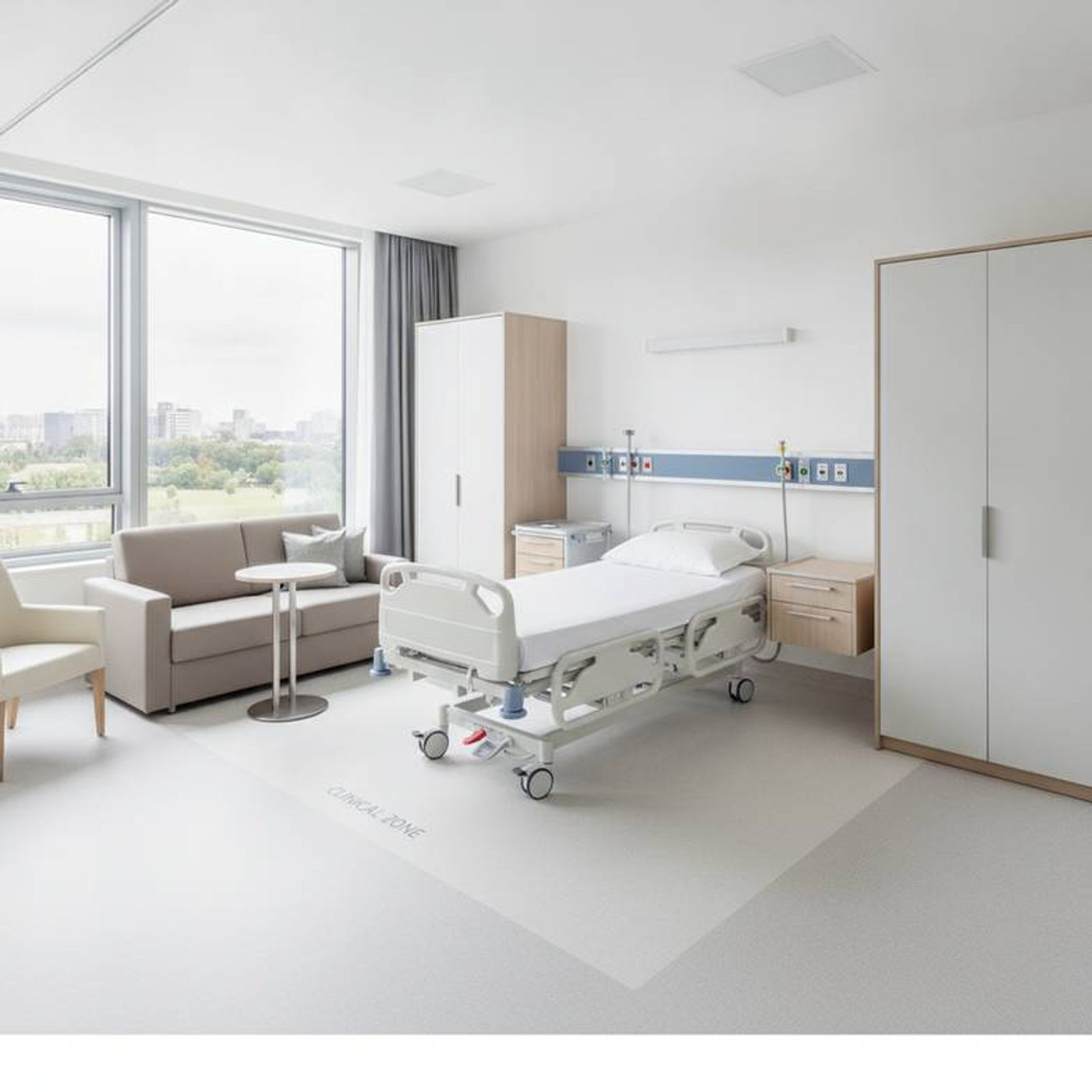 A well-planned VIP hospital room showing distinct zones for the patient, family, and clinical staff