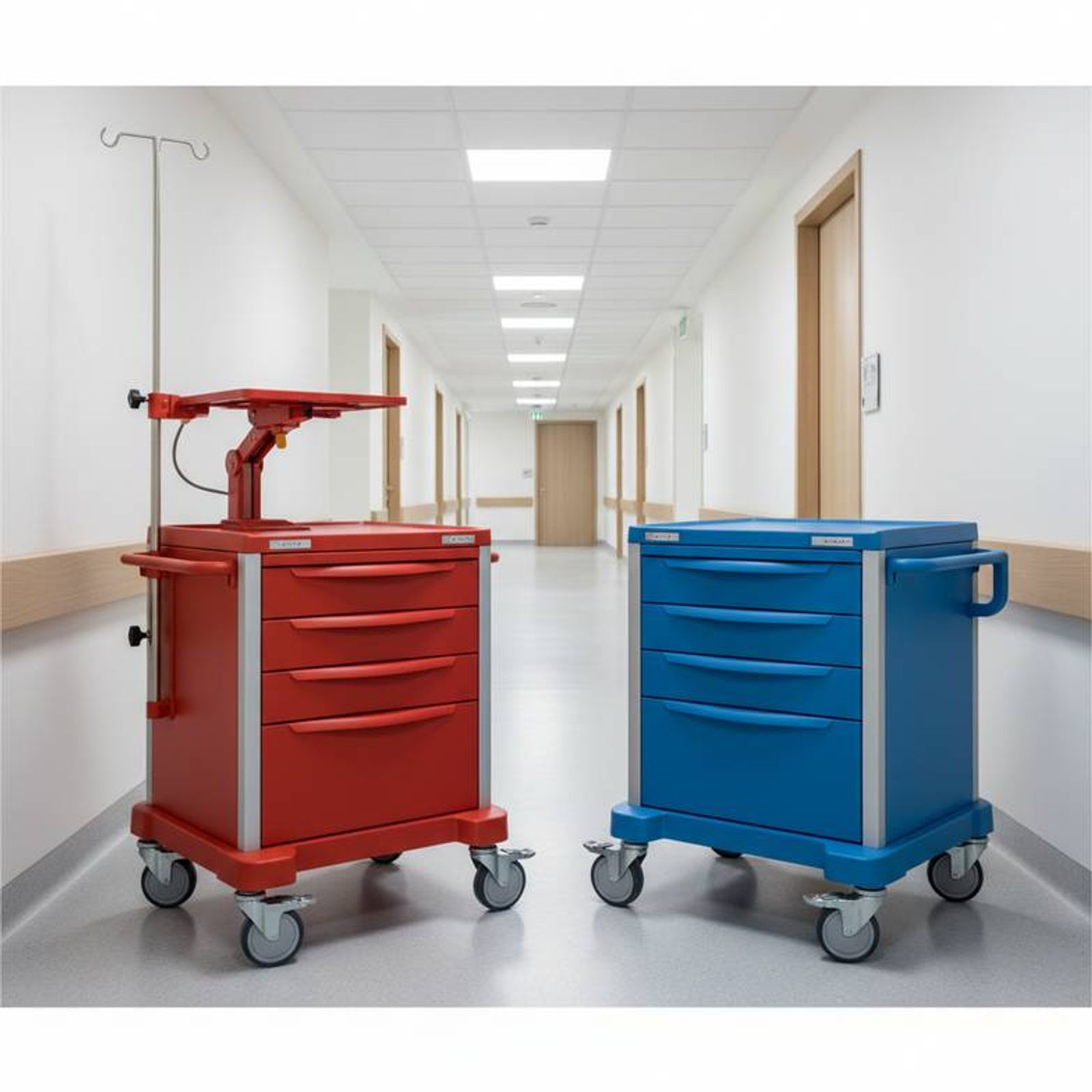A clean, modern hospital corridor with two different emergency trolleys side-by-side, highlighting subtle differences in their accessories and drawer handles.