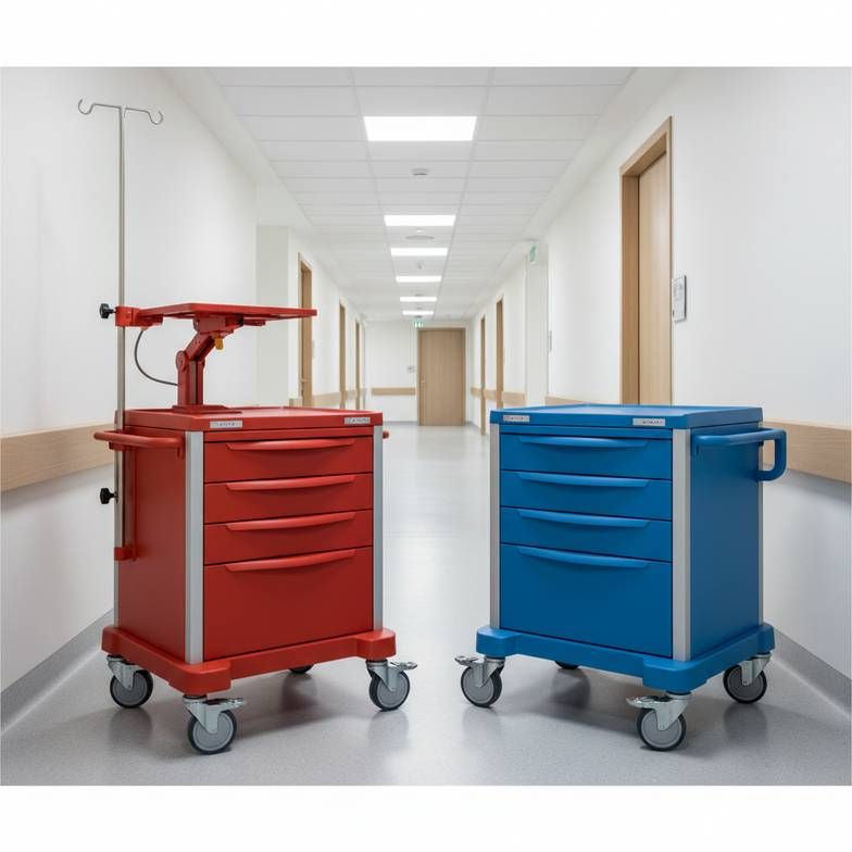 A clean, modern hospital corridor with two different emergency trolleys side-by-side, highlighting subtle differences in their accessories and drawer handles.
