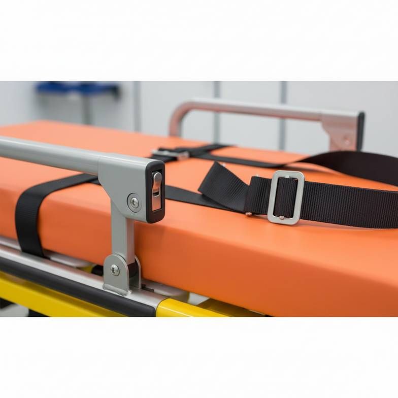 A close-up of the safety lock mechanism and restraint straps on an ambulance stretcher
