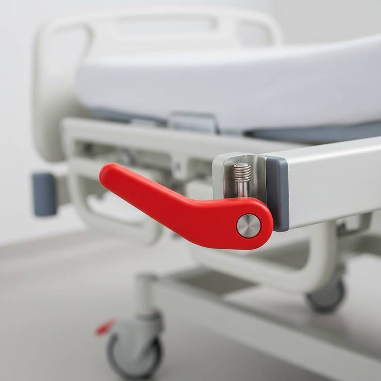 A close-up of a red manual hospital bed CPR function release lever on an ICU bed.