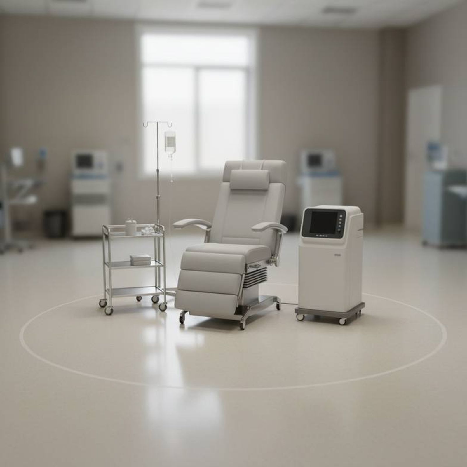 A nurse attending to a patient in a dialysis chair, highlighting the workflow.