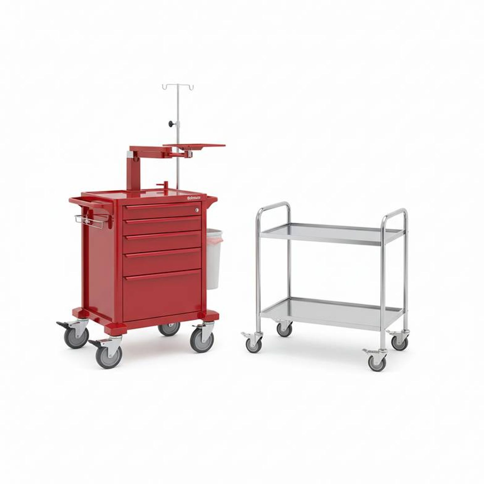 Two different medical trolleys side-by-side, one a heavy-duty emergency cart and one a light utility cart.