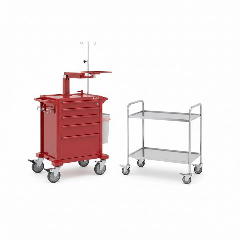 Two different medical trolleys side-by-side, one a heavy-duty emergency cart and one a light utility cart.