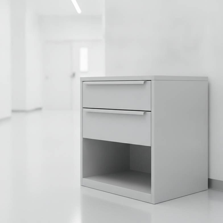 A durable powder-coated steel hospital bedside cabinet in a busy ward, showing its resilience to daily use