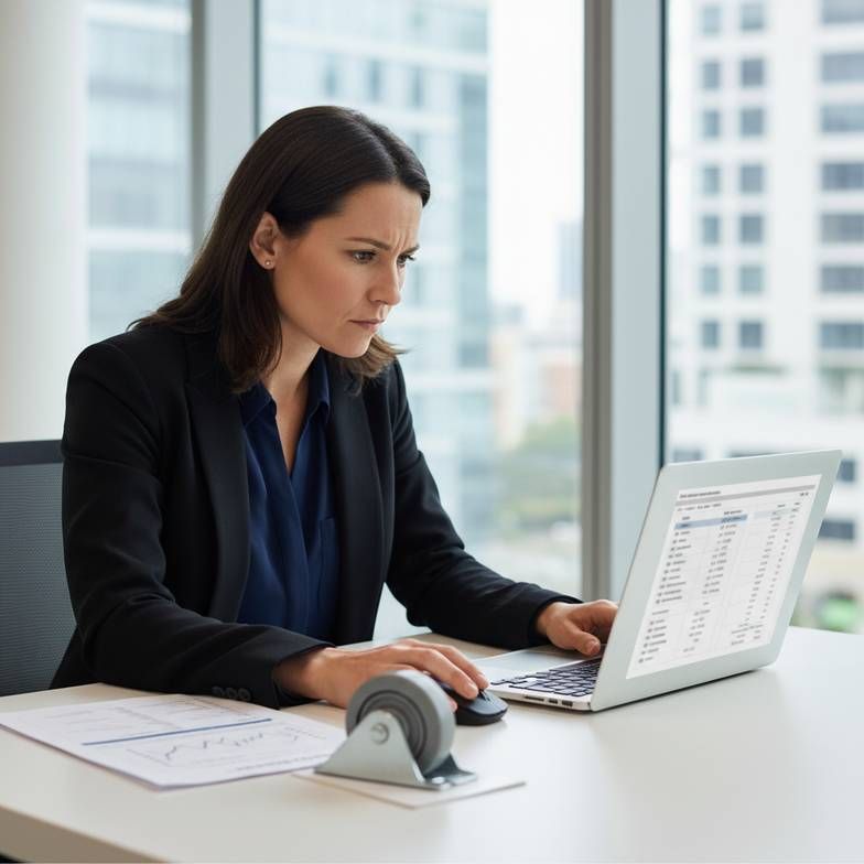 Healthcare procurement manager sitting at a desk, carefully comparing two medical trolley specification sheets on a laptop