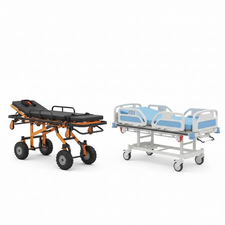 An emergency stretcher next to a standard transport stretcher for comparison