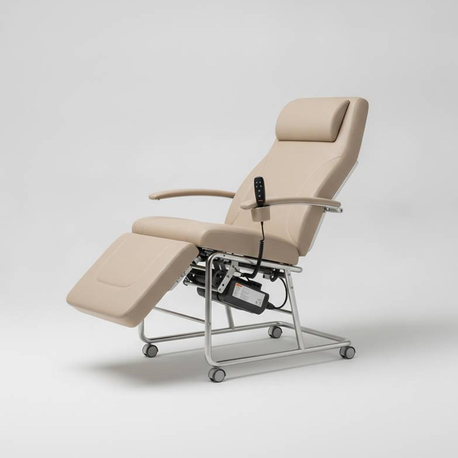An electric IV infusion chair with a control handset, demonstrating its recline function.