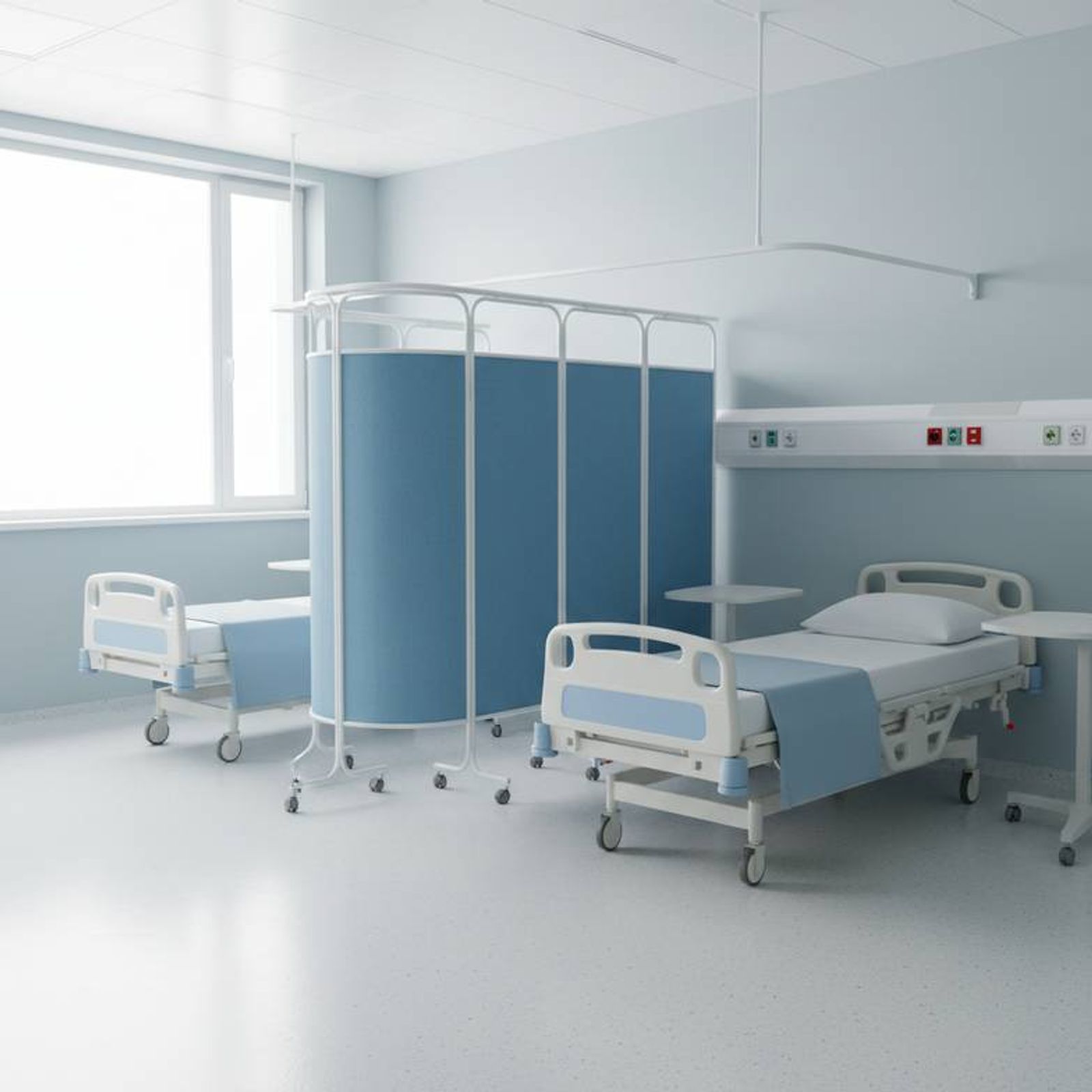 A clean and modern hospital ward screen providing privacy between two patient beds in a well-lit room.