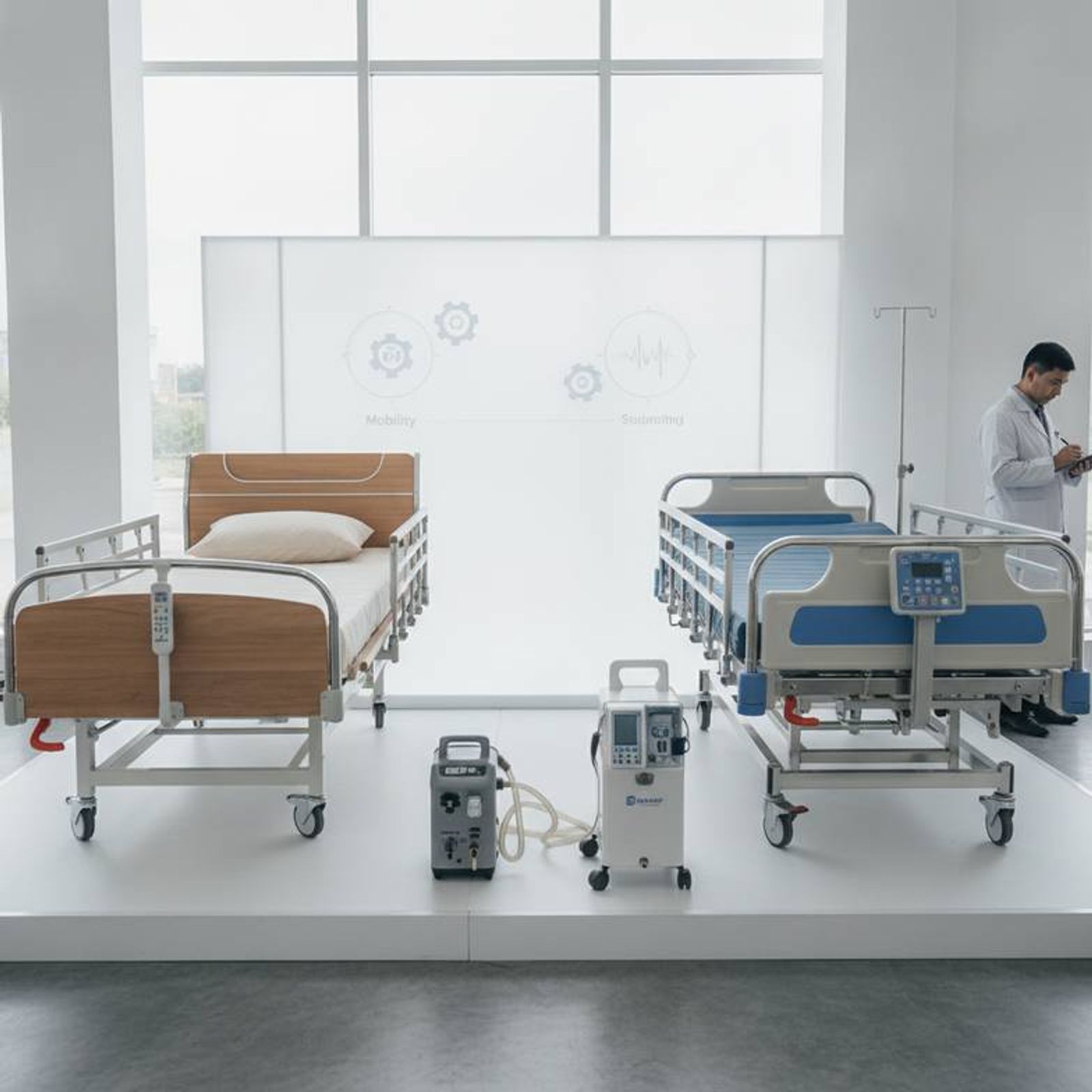 Close-up of a large, durable hospital bed caster with a central braking bar.