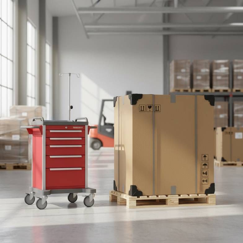 A warehouse scene showing a packed emergency trolley in a sturdy export carton next to an unpacked one, illustrating the importance of protective packaging.