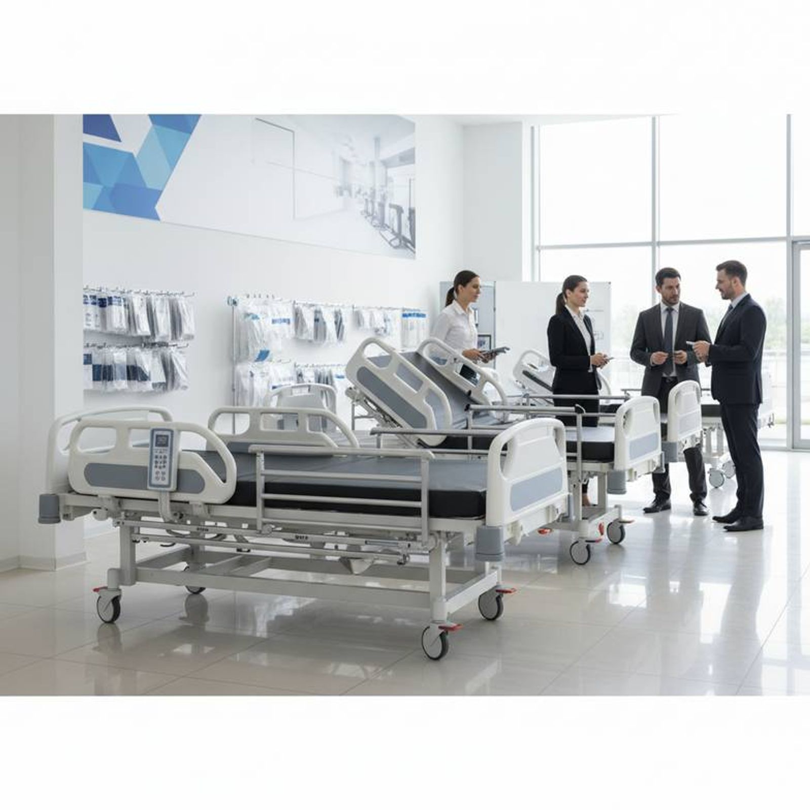 A hospital bed with 4-part split side rails compared to a bed with full-length rails.