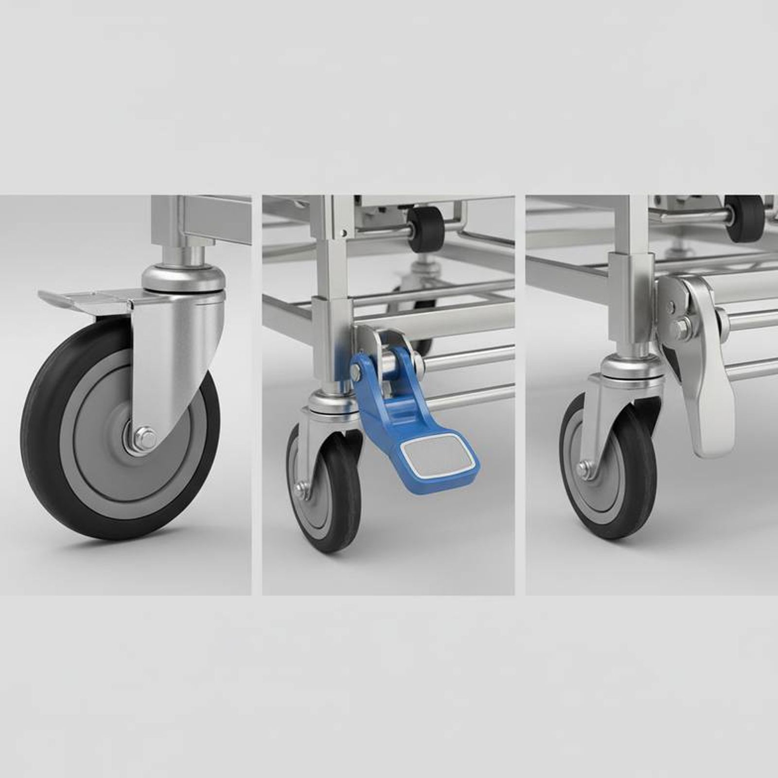 Close-up shots of a stretcher caster, braking pedal, and side rail lock