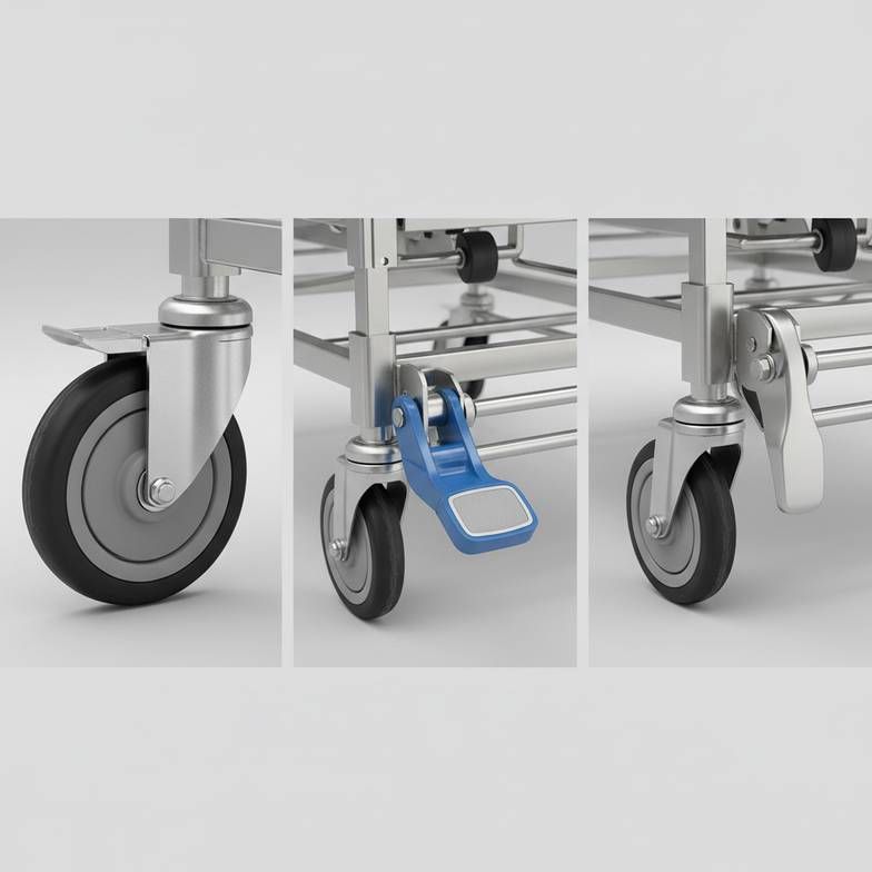Close-up shots of a stretcher caster, braking pedal, and side rail lock