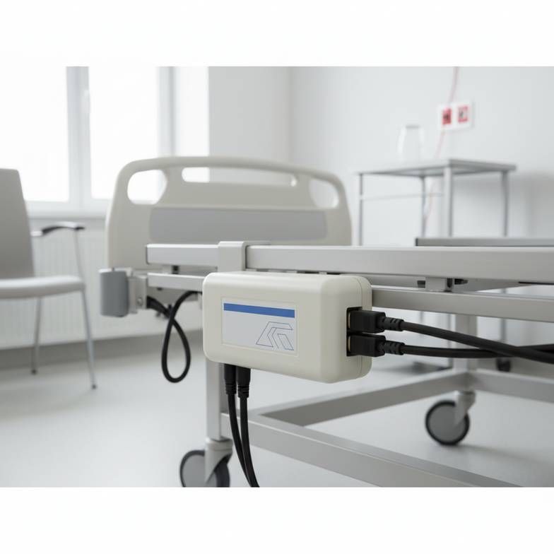 A close-up view of a hospital bed battery backup unit with clear specification labels, ready for inspection by a procurement manager.