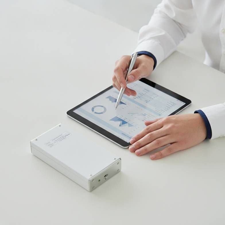 A healthcare procurement manager carefully reviewing a technical datasheet for a hospital bed battery backup to verify its specifications against tender require