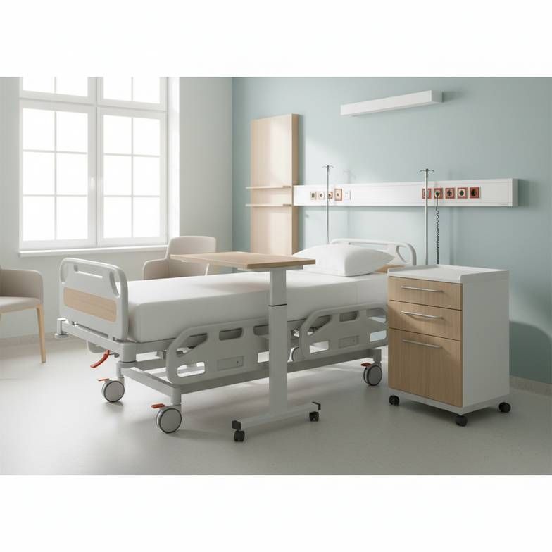 A clean and modern hospital ward room with a hospital bed, a matching bedside cabinet, and an overbed table.